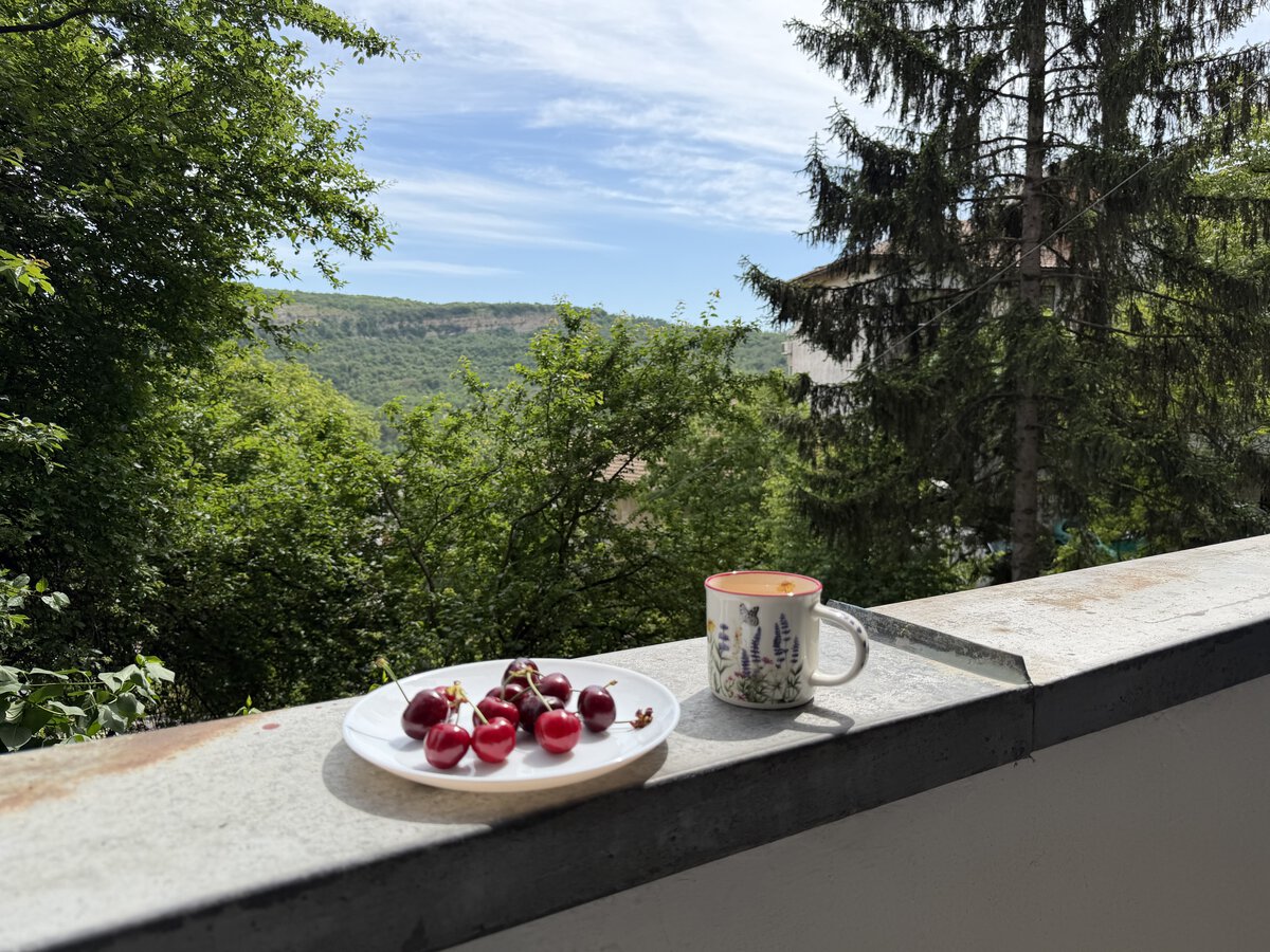 Ovocie a šálka na balkóne